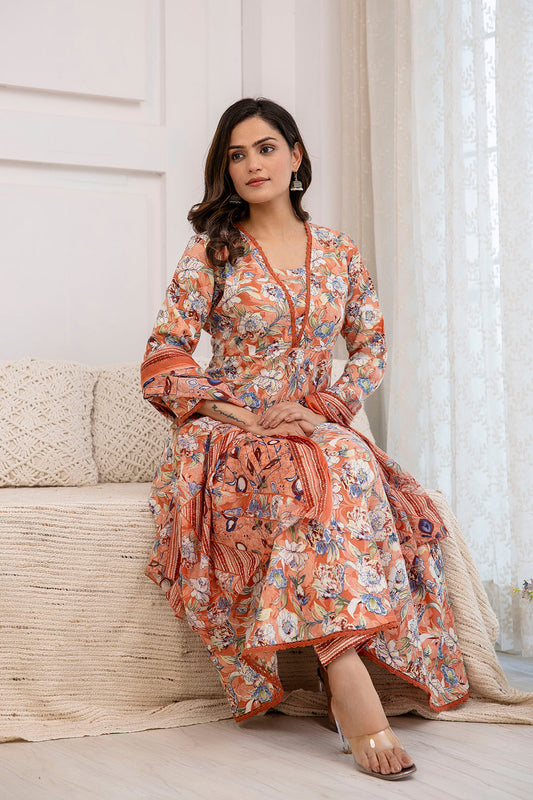 Women Peach Floral Printed Anarkali Kurta And Trouser With Dupatta | LASVINI - Redefining Indian Fashion with Elegance