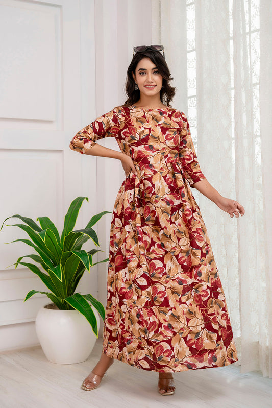 Fab Maroon Abstract Printed Gather Dress For Women | LASVINI - Redefining Indian Fashion with Elegance