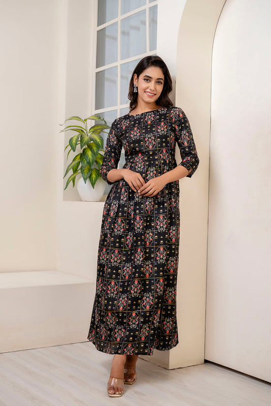 Women Black Ethnic Printed Dress With Gather | LASVINI - Redefining Indian Fashion with Elegance