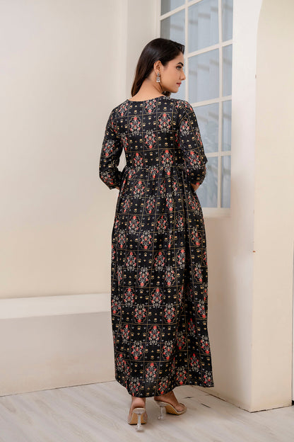 Women Black Ethnic Printed Dress With Gather | LASVINI - Redefining Indian Fashion with Elegance