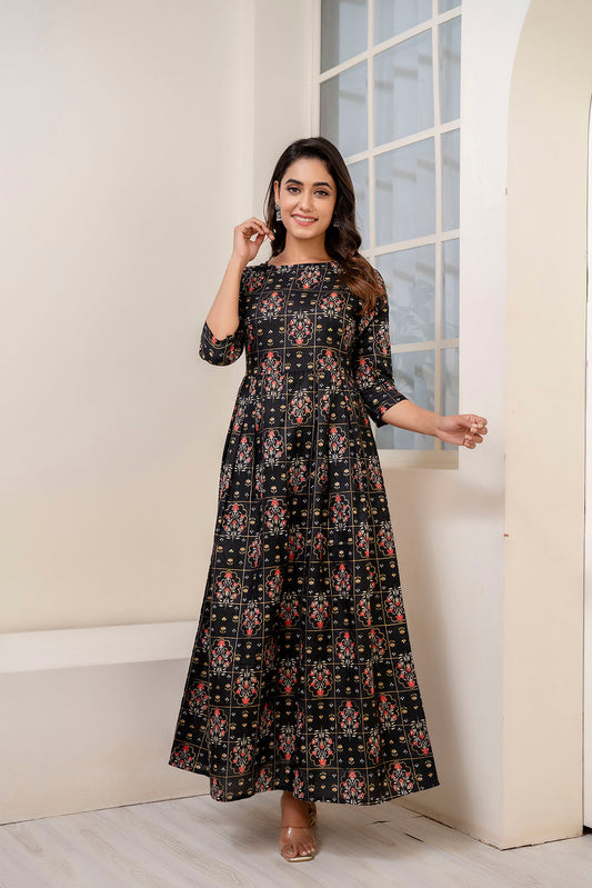Women Black Ethnic Printed Dress With Gather | LASVINI - Redefining Indian Fashion with Elegance