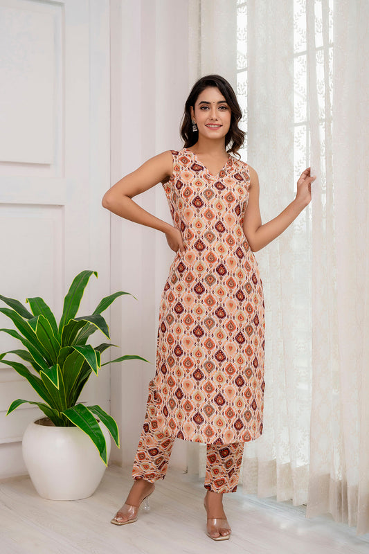 Fab Multi Printed Straight Sleeveless Kurta Pant Set | LASVINI - Redefining Indian Fashion with Elegance