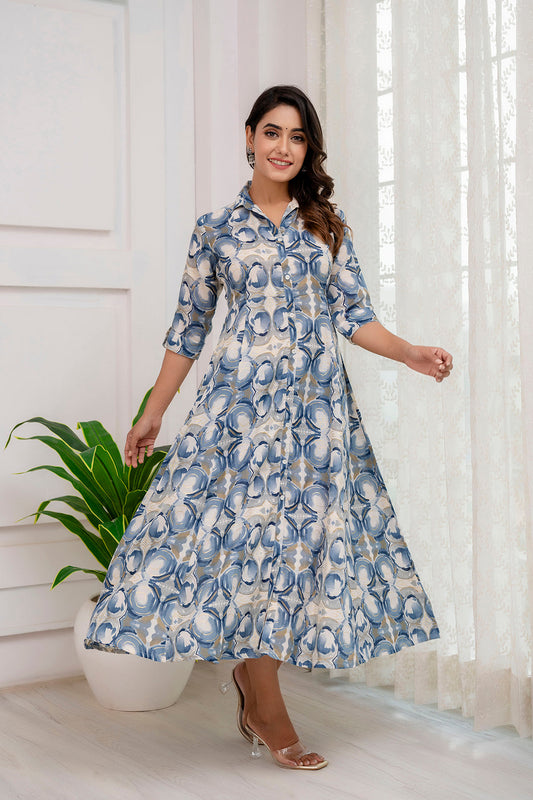 Fab Grey Abstract Printed Shirt Pattern Dress | LASVINI - Redefining Indian Fashion with Elegance