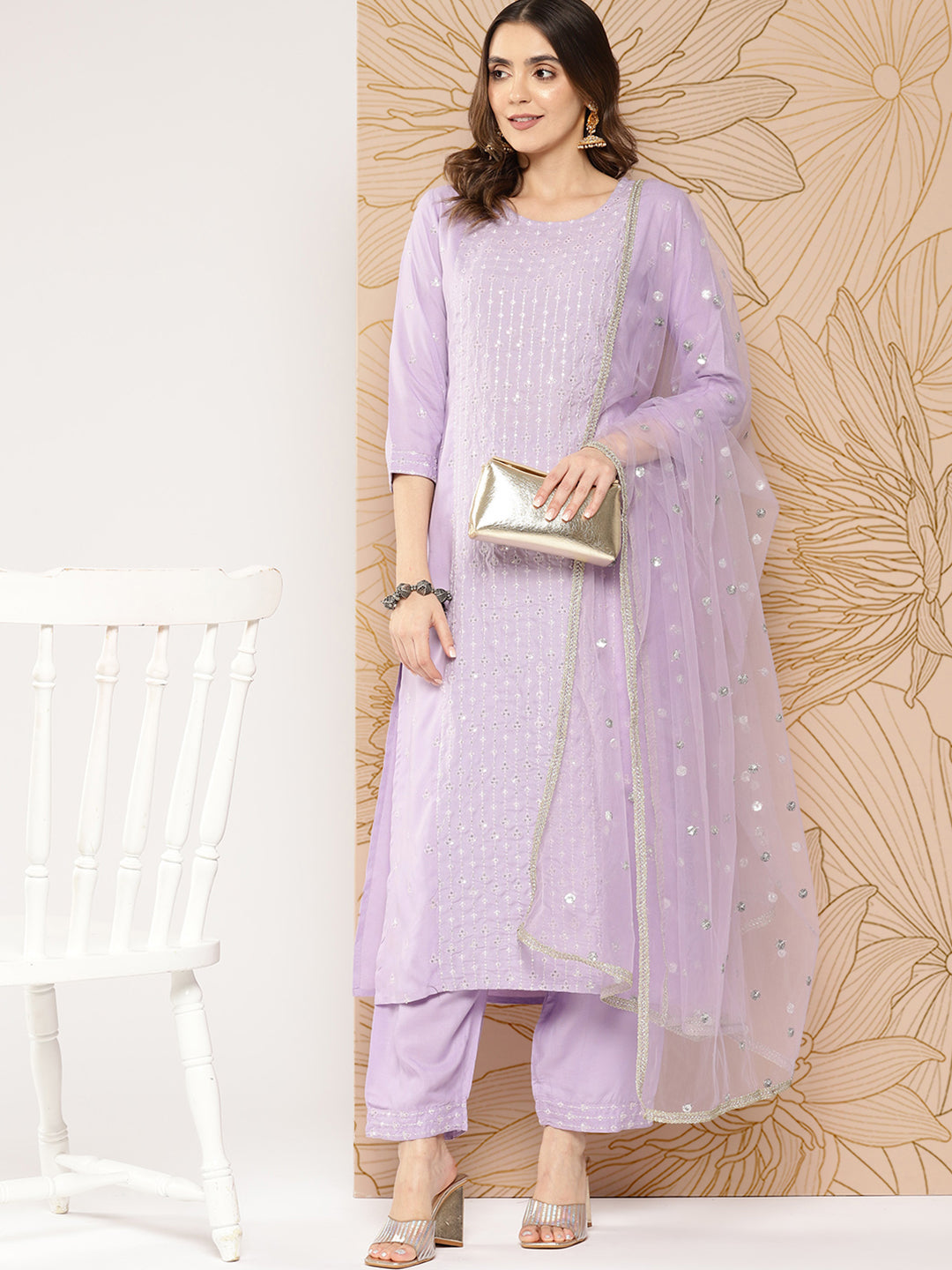 Women Lavender Embroidered Straight Kurta With Palazzo & Dupatta | LASVINI - Redefining Indian Fashion with Elegance