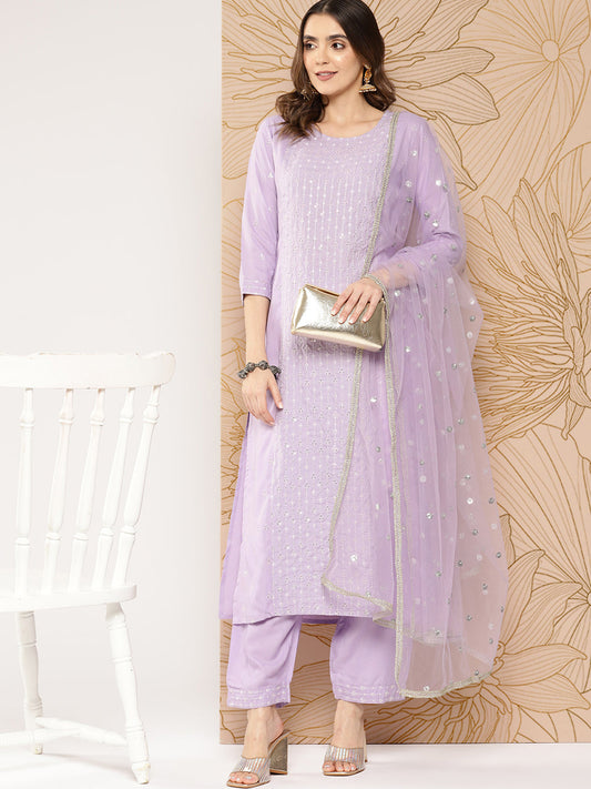 Women Lavender Embroidered Straight Kurta With Palazzo & Dupatta | LASVINI - Redefining Indian Fashion with Elegance