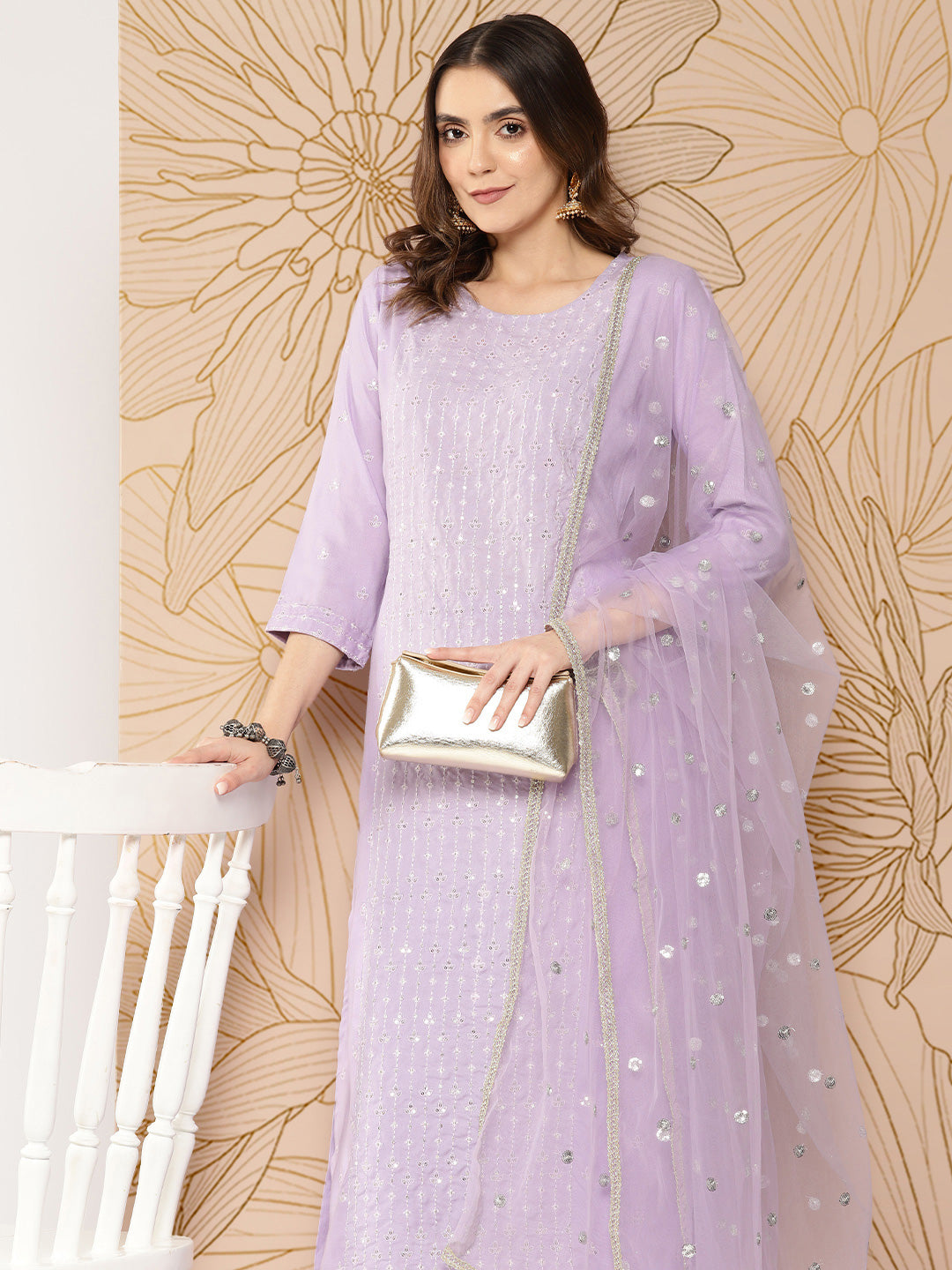 Women Lavender Embroidered Straight Kurta With Palazzo & Dupatta | LASVINI - Redefining Indian Fashion with Elegance