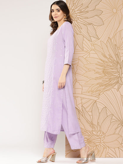 Women Lavender Embroidered Straight Kurta With Palazzo & Dupatta | LASVINI - Redefining Indian Fashion with Elegance