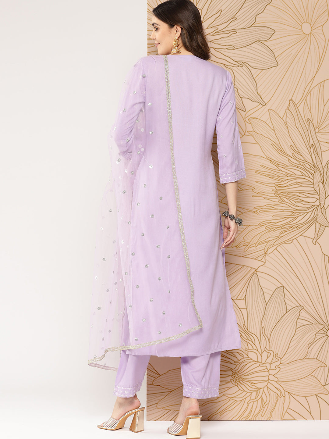 Women Lavender Embroidered Straight Kurta With Palazzo & Dupatta | LASVINI - Redefining Indian Fashion with Elegance