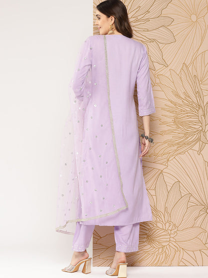 Women Lavender Embroidered Straight Kurta With Palazzo & Dupatta | LASVINI - Redefining Indian Fashion with Elegance