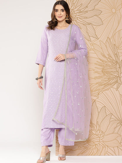 Women Lavender Embroidered Straight Kurta With Palazzo & Dupatta | LASVINI - Redefining Indian Fashion with Elegance