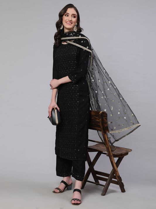 Women Black Embroidered Straight Kurta With Palazzo And Net Dupatta | LASVINI - Redefining Indian Fashion with Elegance