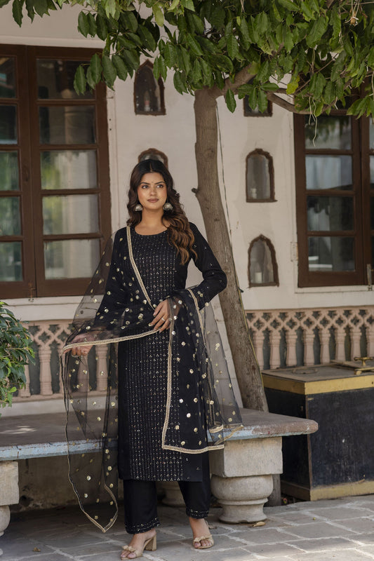 Women Black Embroidered Straight Kurta With Trouser And Net Dupatta | LASVINI - Redefining Indian Fashion with Elegance