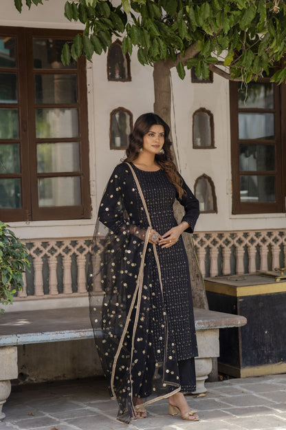 Women Black Embroidered Straight Kurta With Trouser And Net Dupatta | LASVINI - Redefining Indian Fashion with Elegance