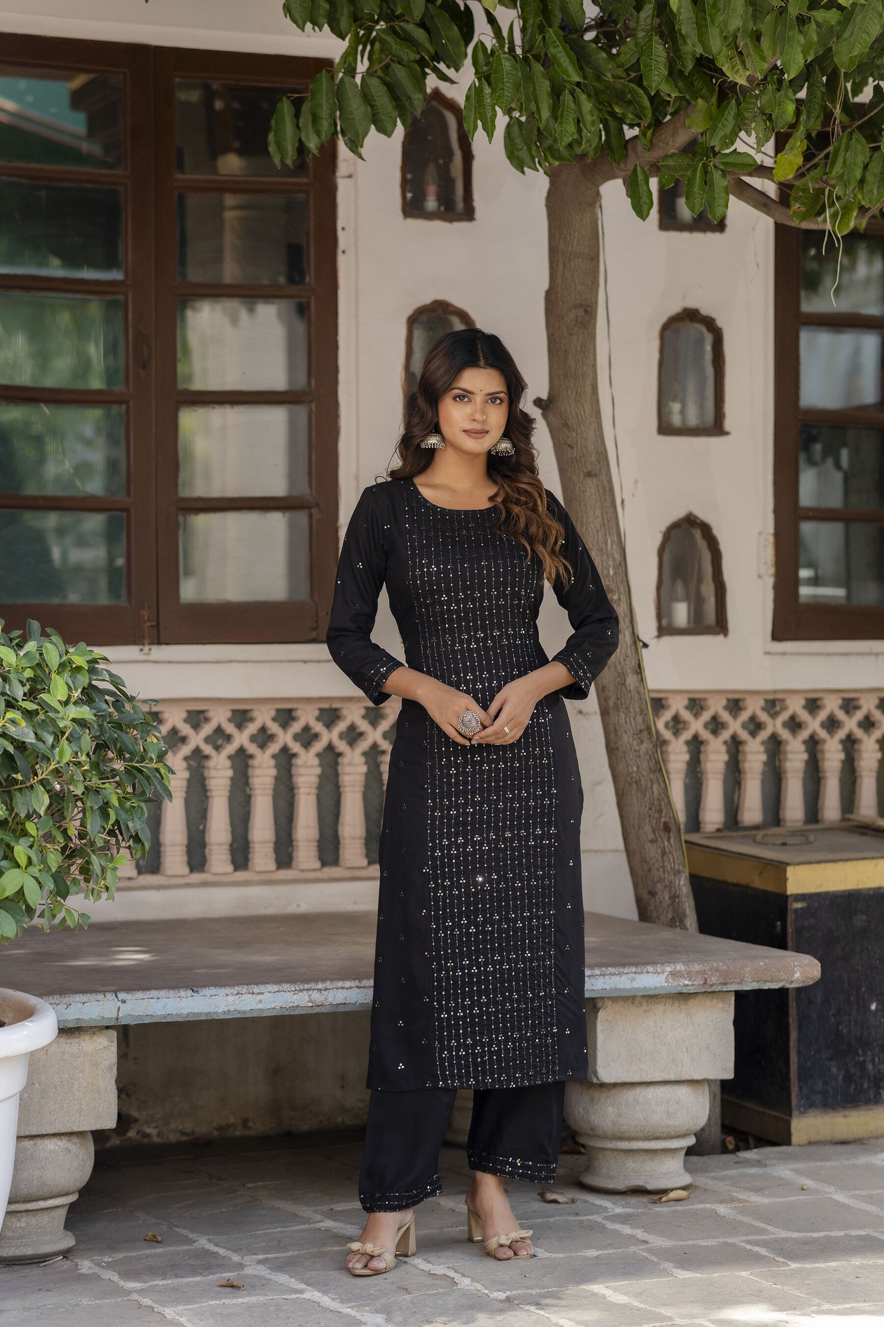 Women Black Embroidered Straight Kurta With Trouser And Net Dupatta | LASVINI - Redefining Indian Fashion with Elegance