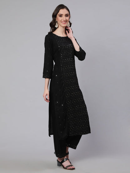 Women Black Embroidered Straight Kurta With Palazzo And Net Dupatta | LASVINI - Redefining Indian Fashion with Elegance