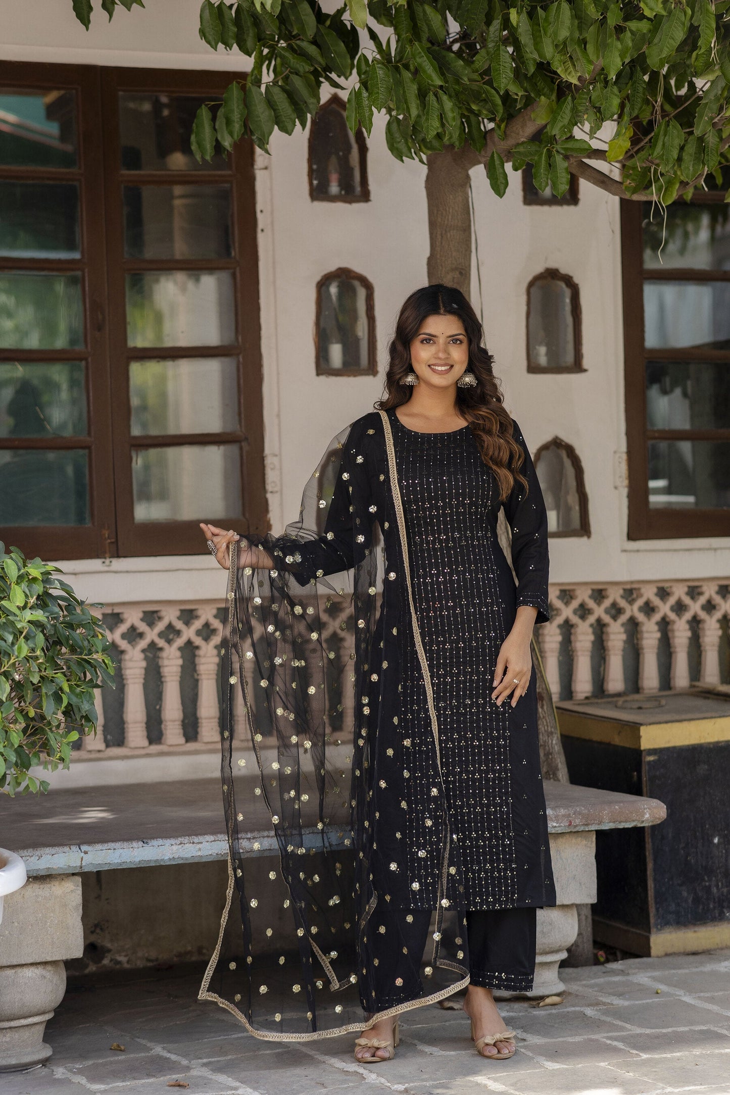 Women Black Embroidered Straight Kurta With Trouser And Net Dupatta | LASVINI - Redefining Indian Fashion with Elegance