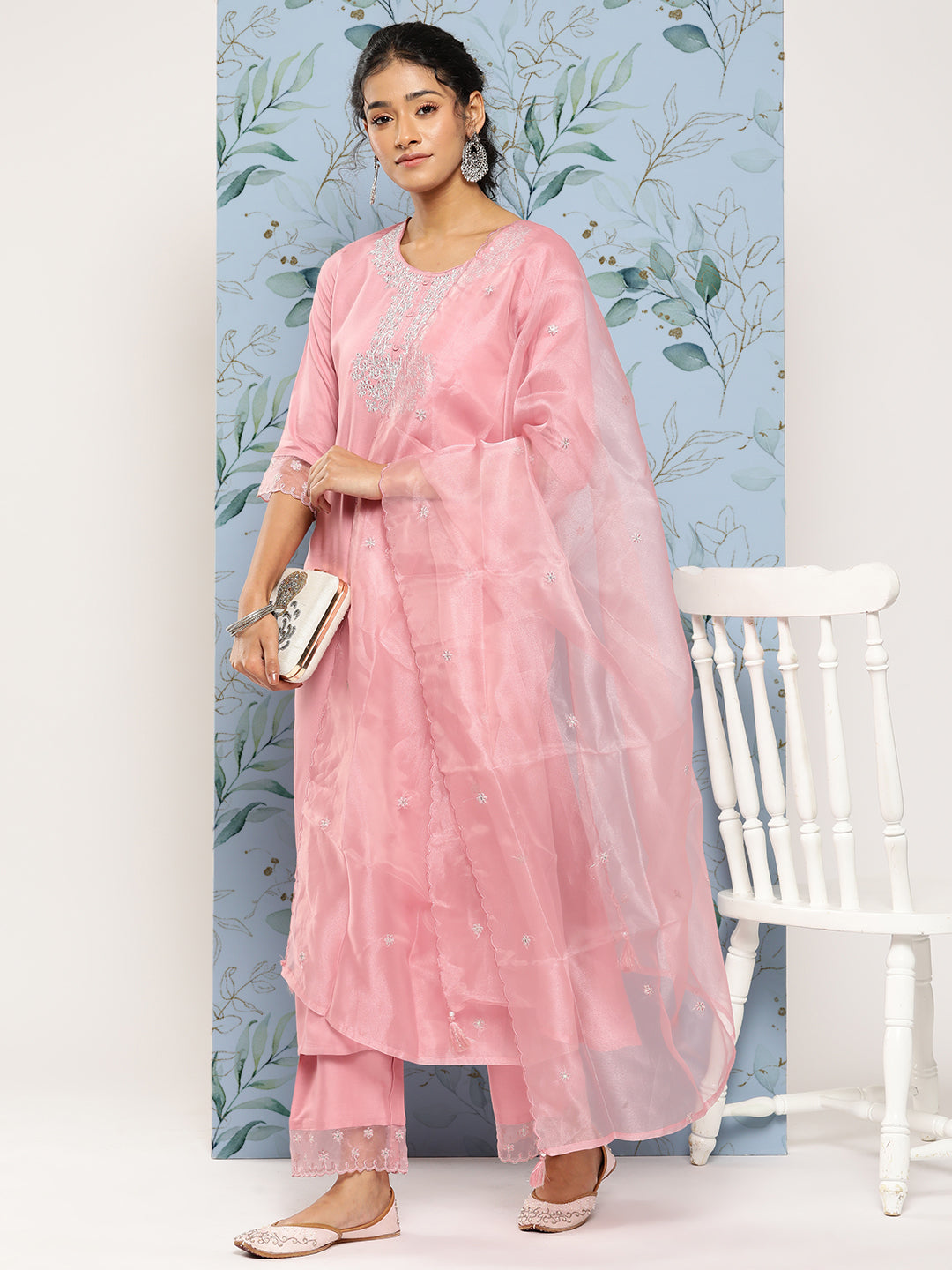 Women Pink Embroidered Straight Kurta With Palazzo And Net Dupatta | LASVINI - Redefining Indian Fashion with Elegance
