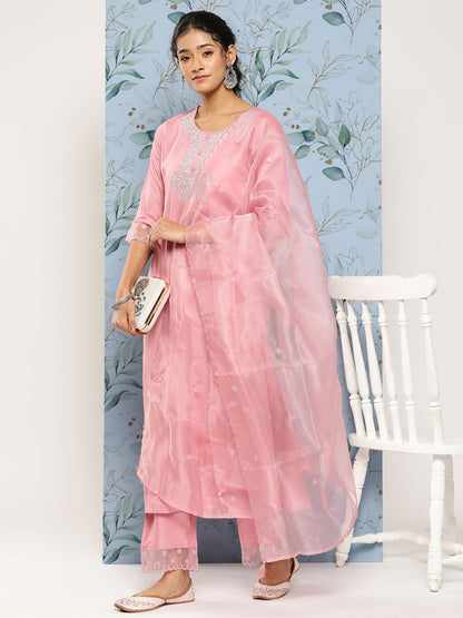 Women Pink Embroidered Straight Kurta With Palazzo And Net Dupatta | LASVINI - Redefining Indian Fashion with Elegance
