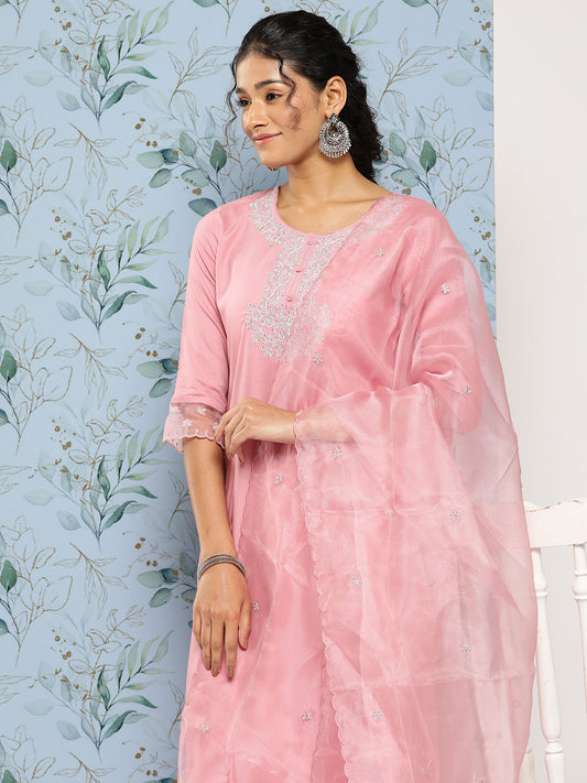 Women Pink Embroidered Straight Kurta With Palazzo And Net Dupatta | LASVINI - Redefining Indian Fashion with Elegance
