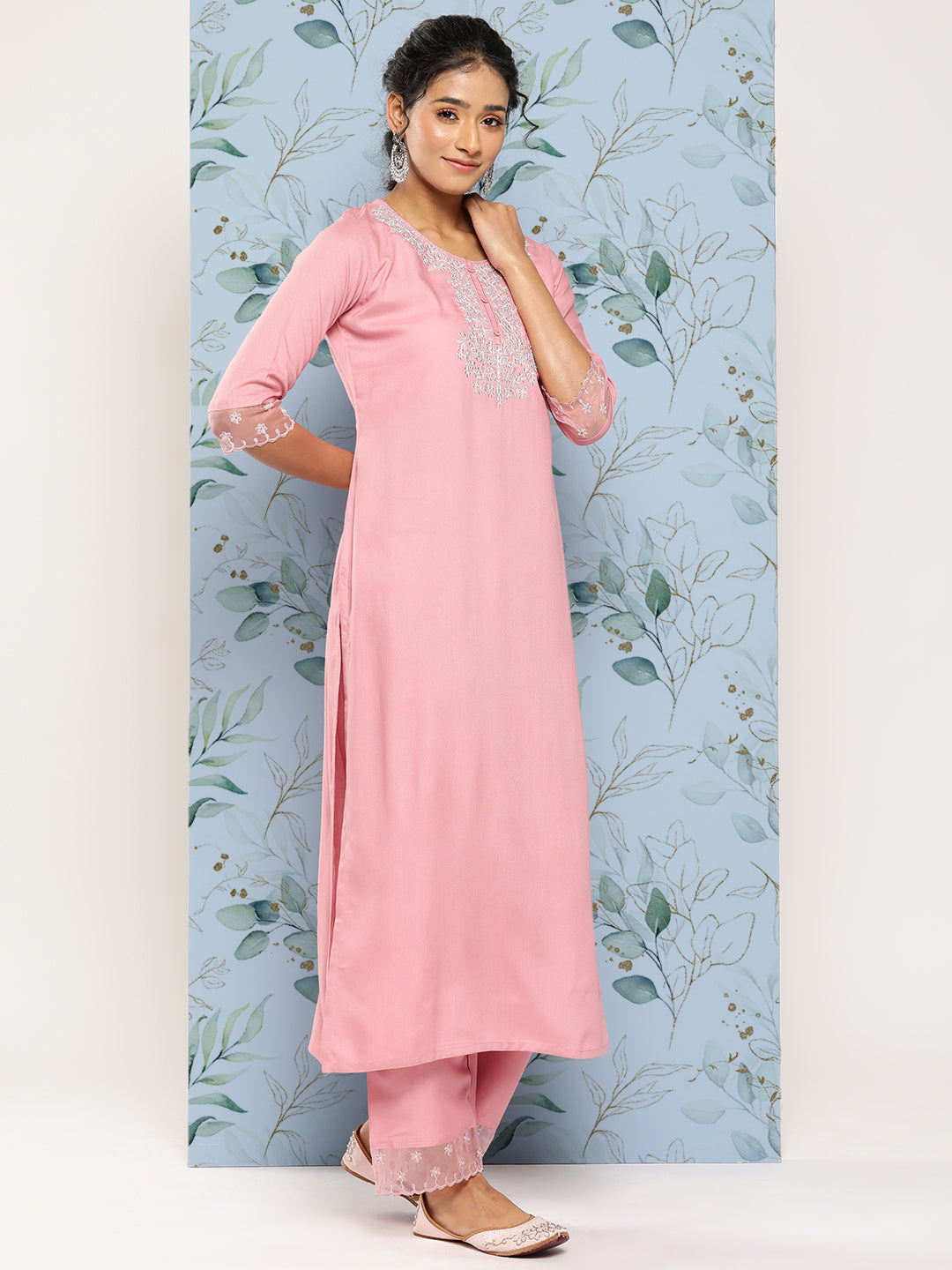 Women Pink Embroidered Straight Kurta With Palazzo And Net Dupatta | LASVINI - Redefining Indian Fashion with Elegance