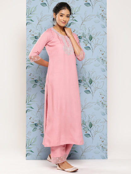 Women Pink Embroidered Straight Kurta With Palazzo And Net Dupatta | LASVINI - Redefining Indian Fashion with Elegance
