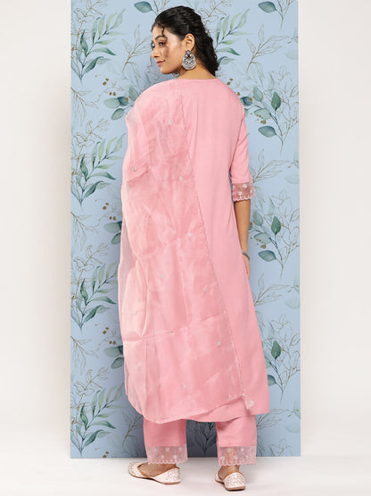 Women Pink Embroidered Straight Kurta With Palazzo And Net Dupatta | LASVINI - Redefining Indian Fashion with Elegance