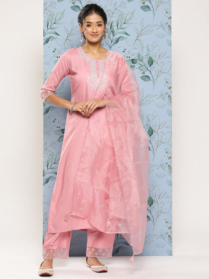 Women Pink Embroidered Straight Kurta With Palazzo And Net Dupatta | LASVINI - Redefining Indian Fashion with Elegance
