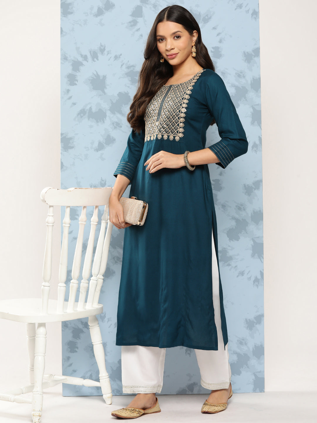 Women Teal Blue Embroidered Yoke Design Straight Kurta | LASVINI - Redefining Indian Fashion with Elegance