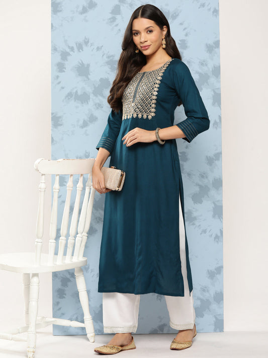 Women Teal Blue Embroidered Yoke Design Straight Kurta | LASVINI - Redefining Indian Fashion with Elegance