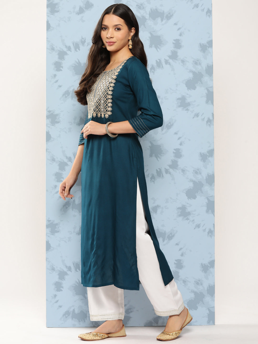Women Teal Blue Embroidered Yoke Design Straight Kurta | LASVINI - Redefining Indian Fashion with Elegance