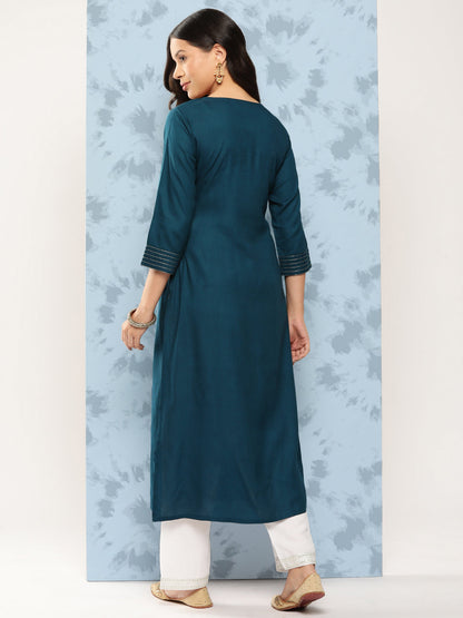 Women Teal Blue Embroidered Yoke Design Straight Kurta | LASVINI - Redefining Indian Fashion with Elegance