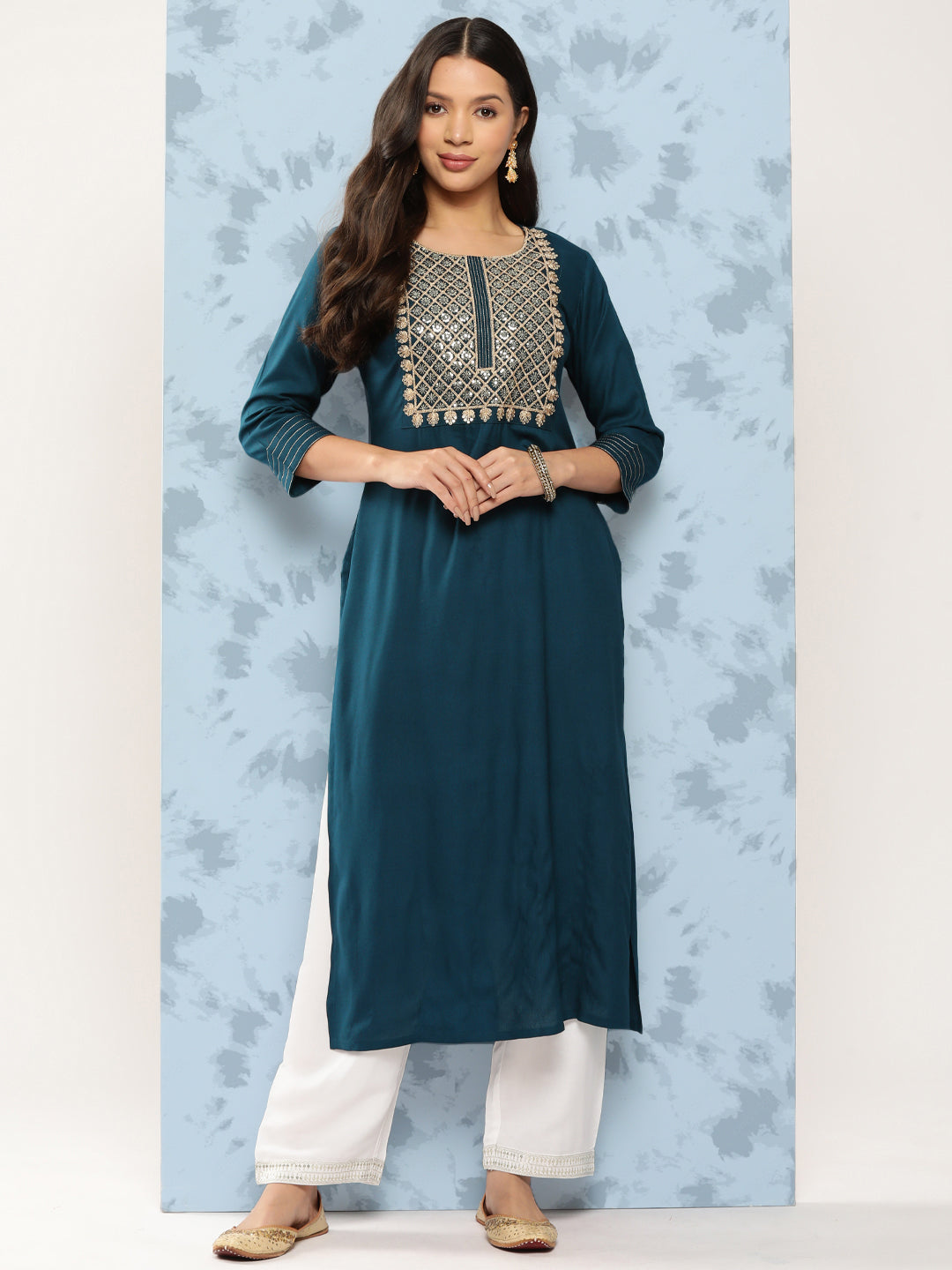 Women Teal Blue Embroidered Yoke Design Straight Kurta | LASVINI - Redefining Indian Fashion with Elegance