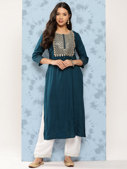 Women Teal Blue Embroidered Yoke Design Straight Kurta | LASVINI - Redefining Indian Fashion with Elegance