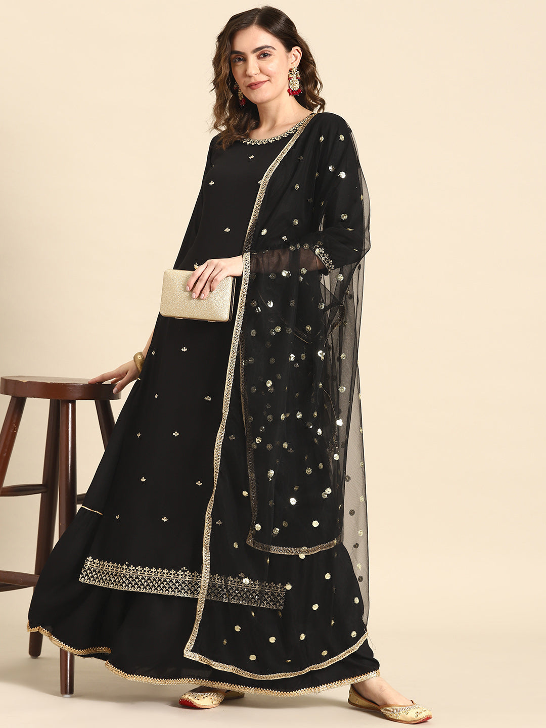 Women Black Embroidered Straight Kurta With Sharara And Net Dupatta | LASVINI - Redefining Indian Fashion with Elegance