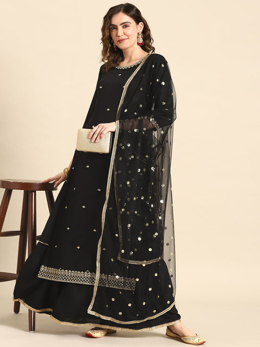 Women Black Embroidered Straight Kurta With Sharara And Net Dupatta | LASVINI - Redefining Indian Fashion with Elegance
