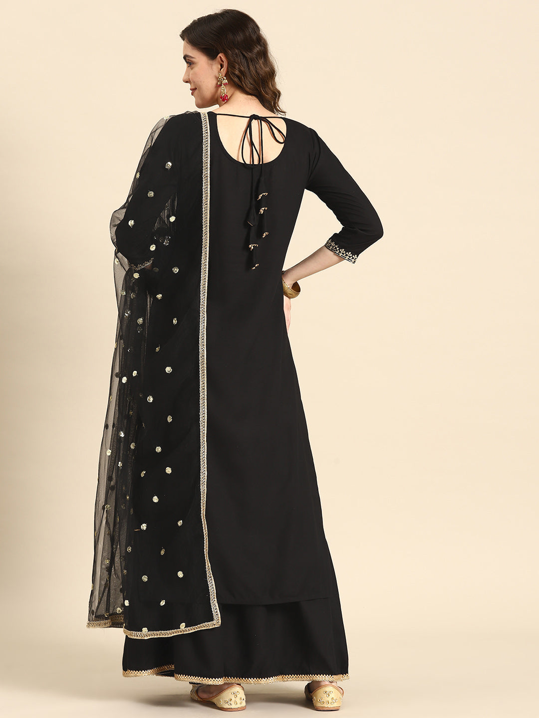 Women Black Embroidered Straight Kurta With Sharara And Net Dupatta | LASVINI - Redefining Indian Fashion with Elegance