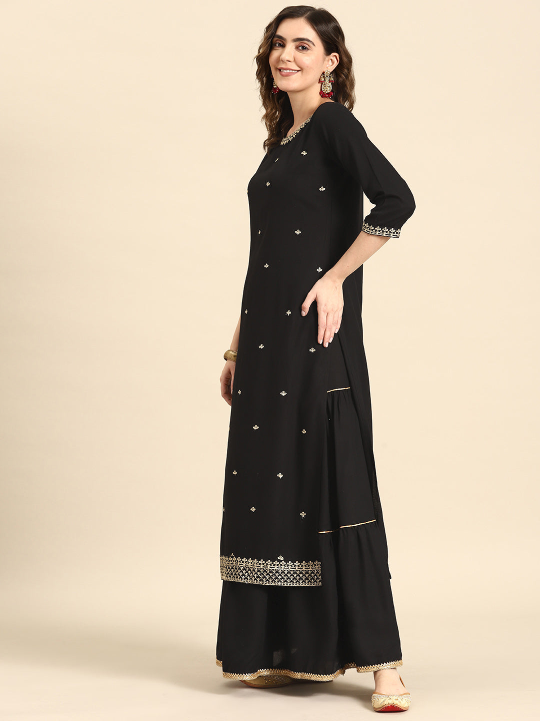 Women Black Embroidered Straight Kurta With Sharara And Net Dupatta | LASVINI - Redefining Indian Fashion with Elegance