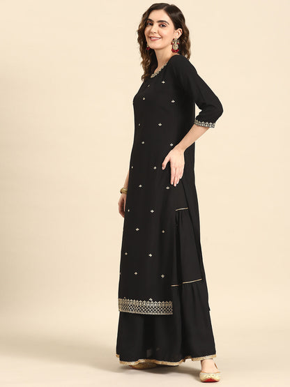 Women Black Embroidered Straight Kurta With Sharara And Net Dupatta | LASVINI - Redefining Indian Fashion with Elegance