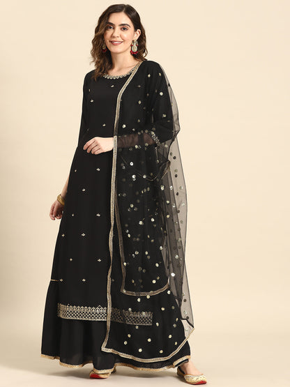 Women Black Embroidered Straight Kurta With Sharara And Net Dupatta | LASVINI - Redefining Indian Fashion with Elegance