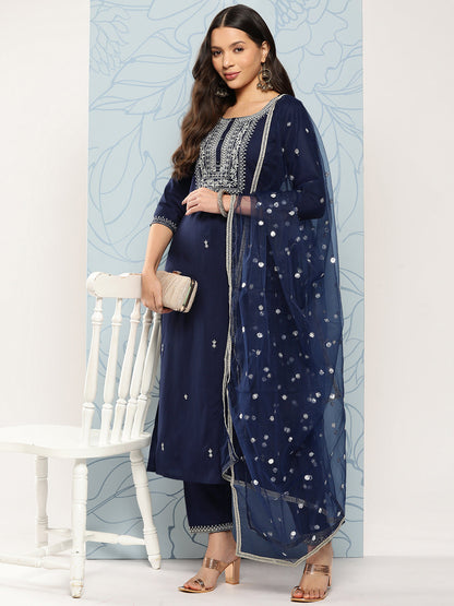 Women Navy Blue Embroidered Straight Kurta With Palazzo And Dupatta | LASVINI - Redefining Indian Fashion with Elegance