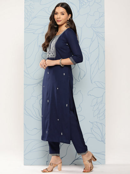 Women Navy Blue Embroidered Straight Kurta With Palazzo And Dupatta | LASVINI - Redefining Indian Fashion with Elegance
