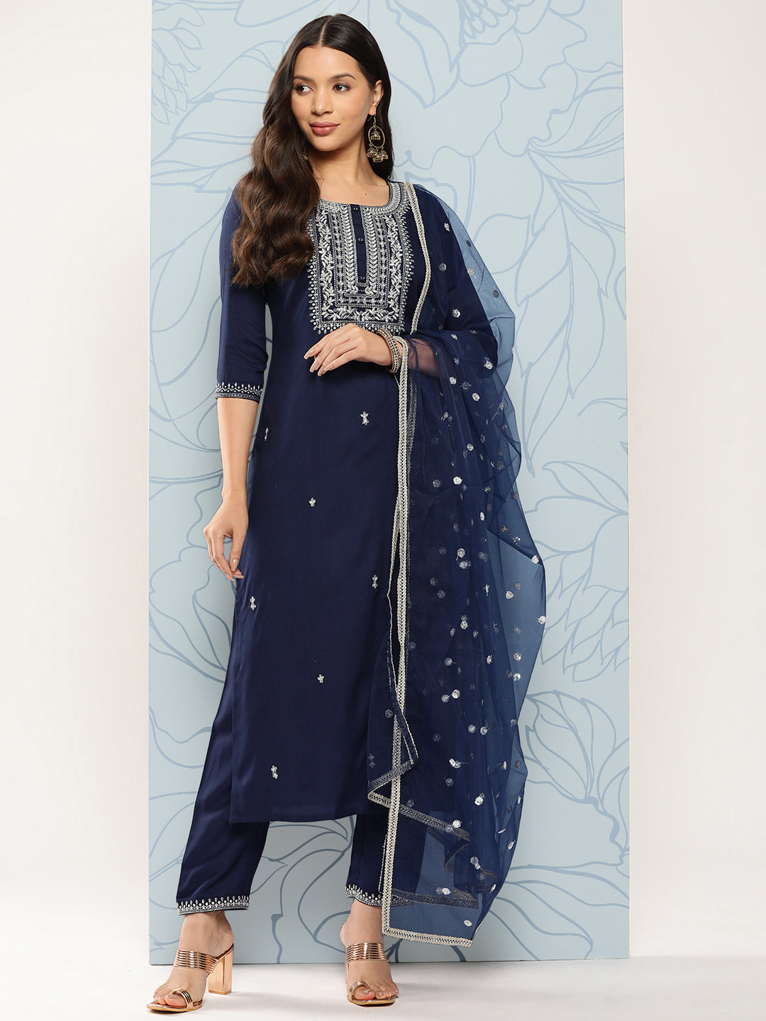 Women Navy Blue Embroidered Straight Kurta With Palazzo And Dupatta | LASVINI - Redefining Indian Fashion with Elegance