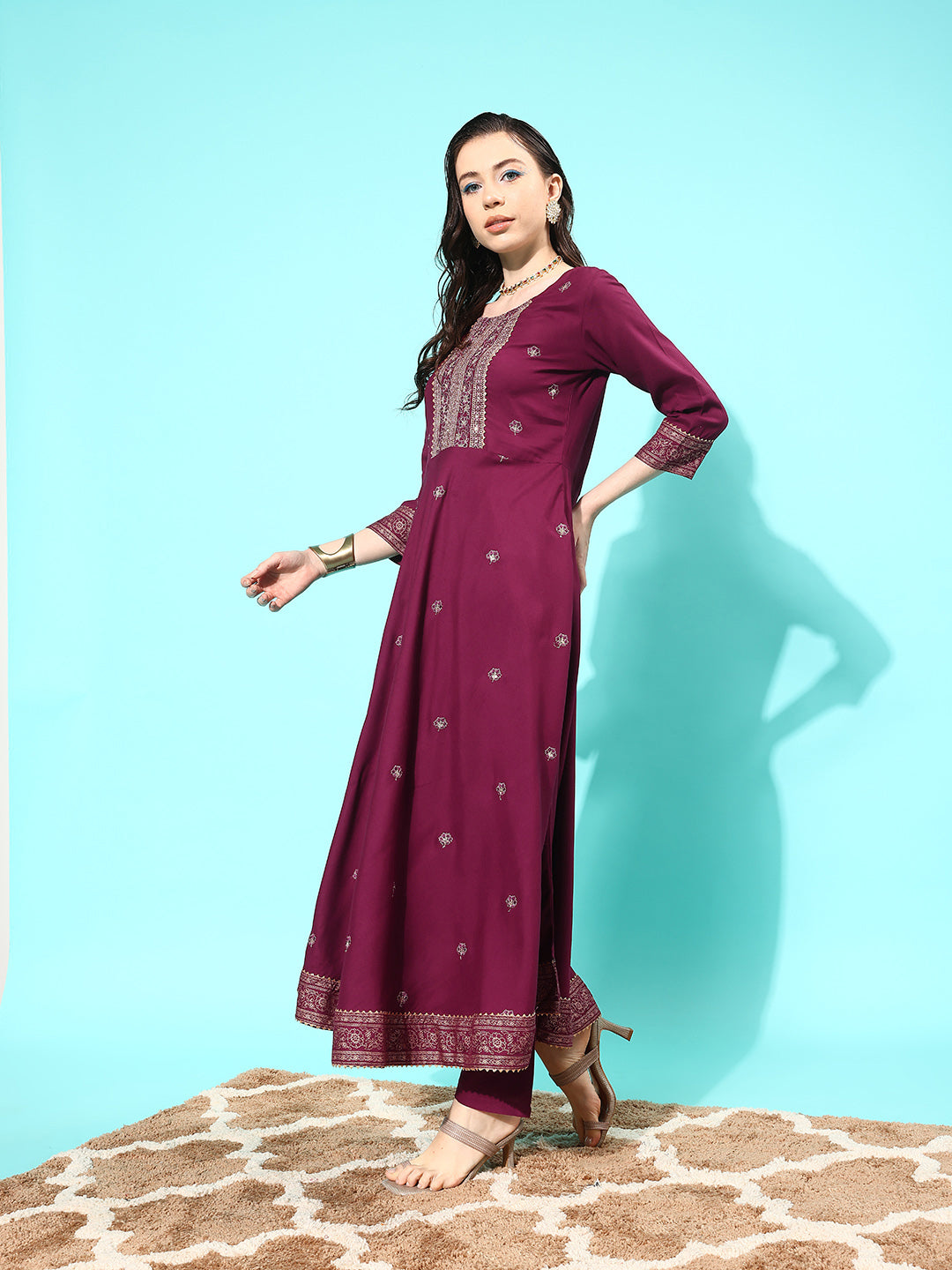 Women Burgundy Embroidered Kurta With Trouser And Net Dupatta | LASVINI - Redefining Indian Fashion with Elegance