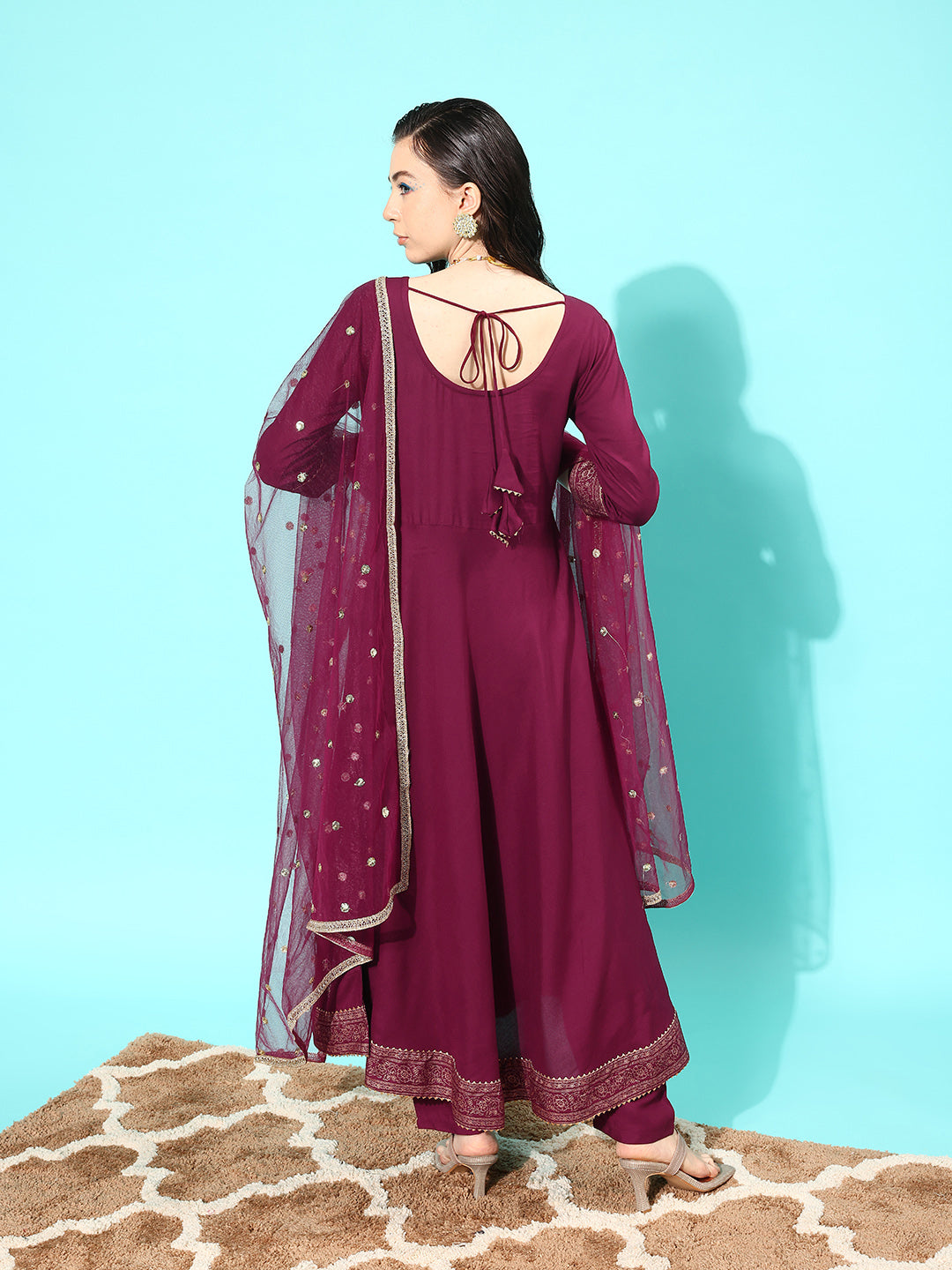 Women Burgundy Embroidered Kurta With Trouser And Net Dupatta | LASVINI - Redefining Indian Fashion with Elegance