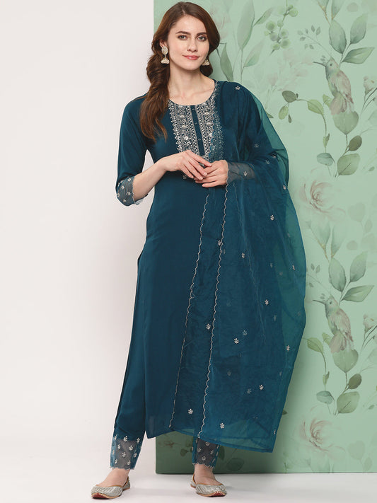 Women Teal Blue Embroidered  Straight Kurta And Trouser With Organza Dupatta | LASVINI - Redefining Indian Fashion with Elegance