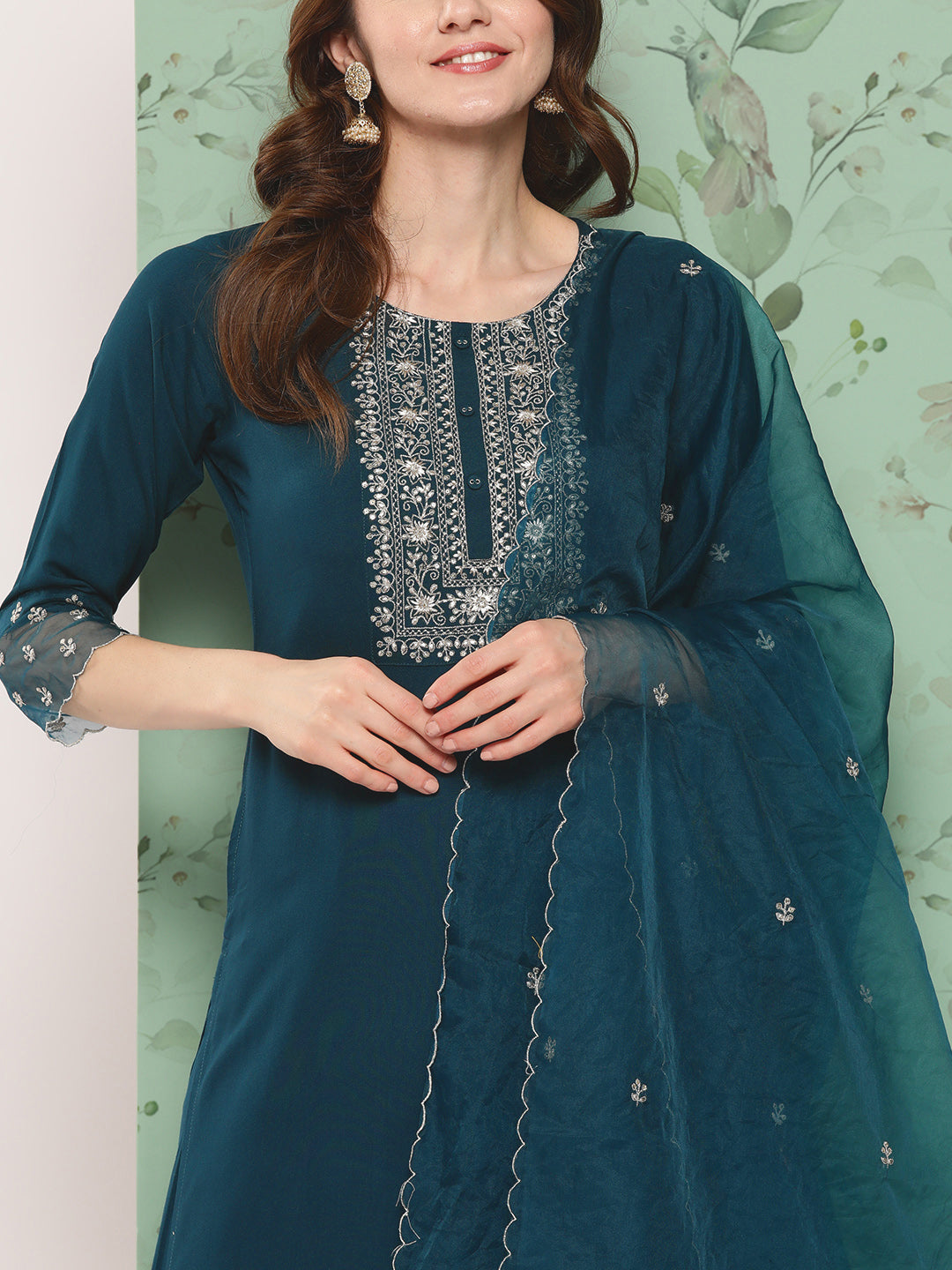 Women Teal Blue Embroidered  Straight Kurta And Trouser With Organza Dupatta | LASVINI - Redefining Indian Fashion with Elegance