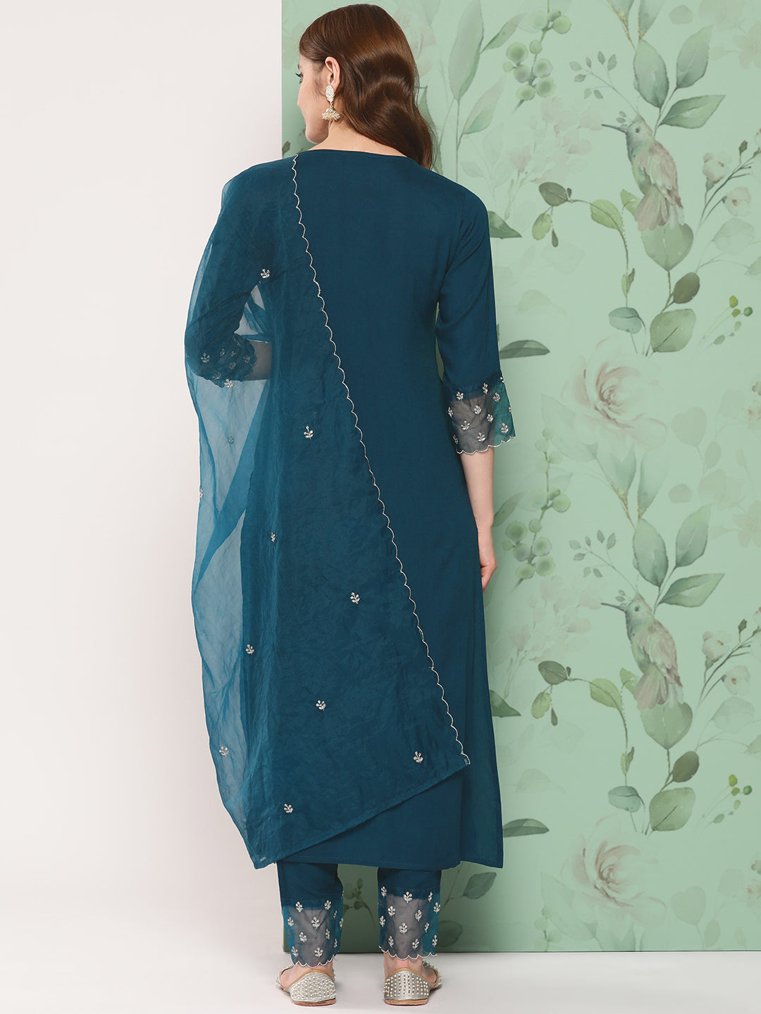 Women Teal Blue Embroidered  Straight Kurta And Trouser With Organza Dupatta | LASVINI - Redefining Indian Fashion with Elegance