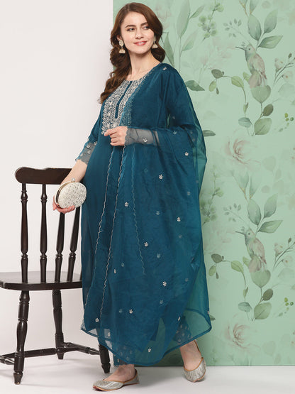 Women Teal Blue Embroidered  Straight Kurta And Trouser With Organza Dupatta | LASVINI - Redefining Indian Fashion with Elegance