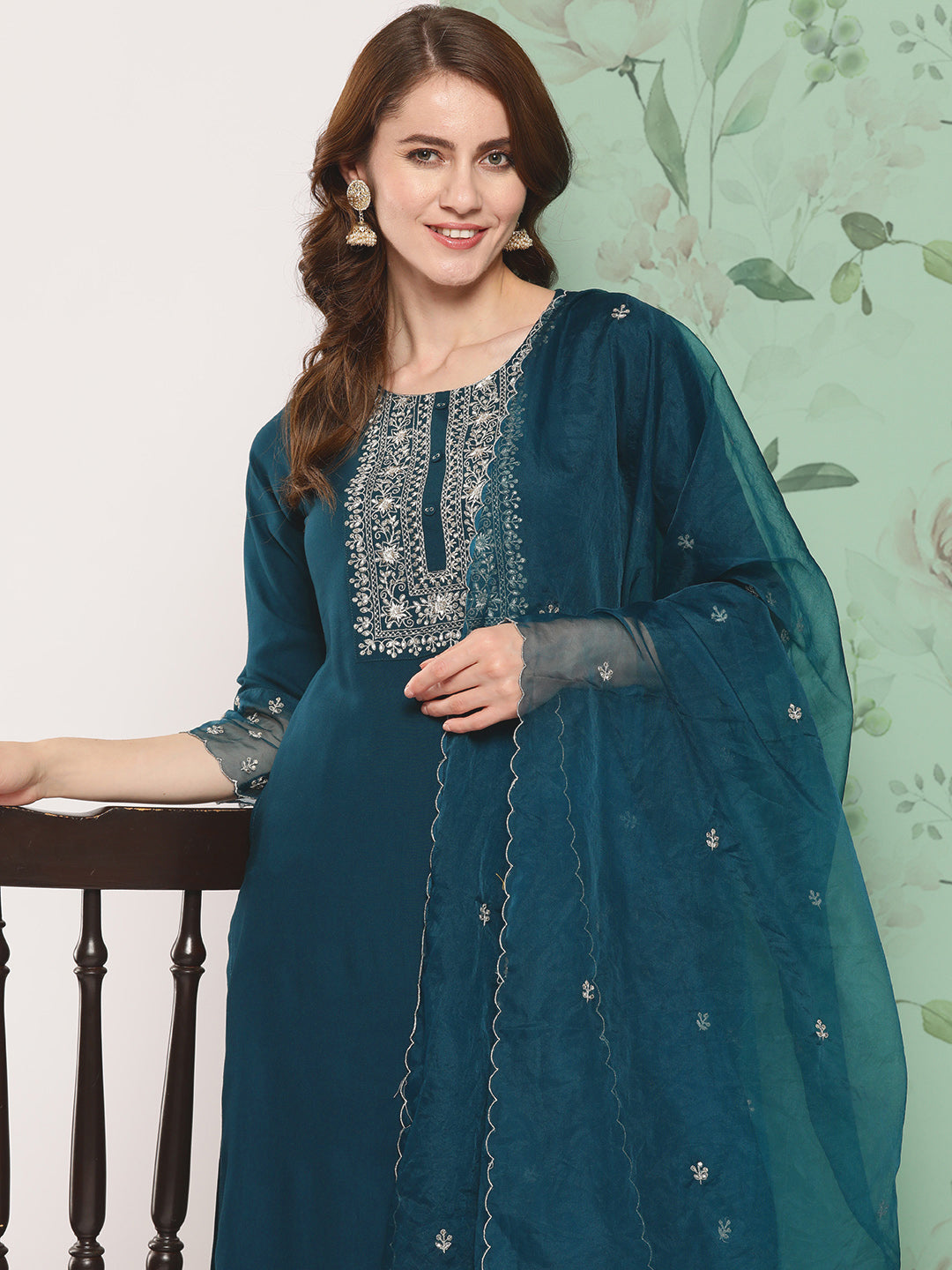 Women Teal Blue Embroidered  Straight Kurta And Trouser With Organza Dupatta | LASVINI - Redefining Indian Fashion with Elegance