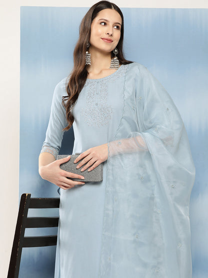 Women Blue Embroidered Straight Kurta With Palazzo And Net Dupatta | LASVINI - Redefining Indian Fashion with Elegance
